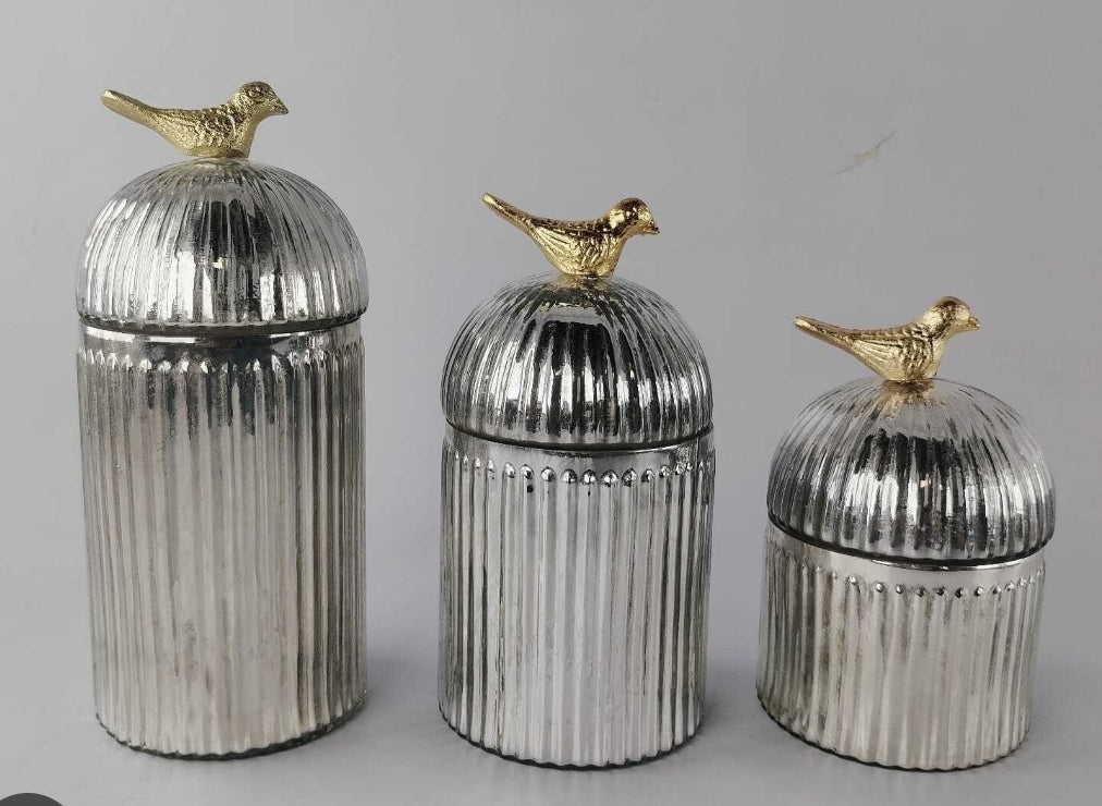 Silver finish decorative jars set of 3 with bird knob