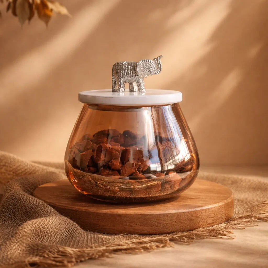 Amber Tinted Glass Storage Jar with Elephant Finial Main image