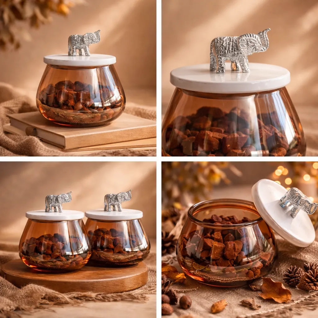 Amber Tinted Glass Storage Jar with Elephant Finial Secondary image