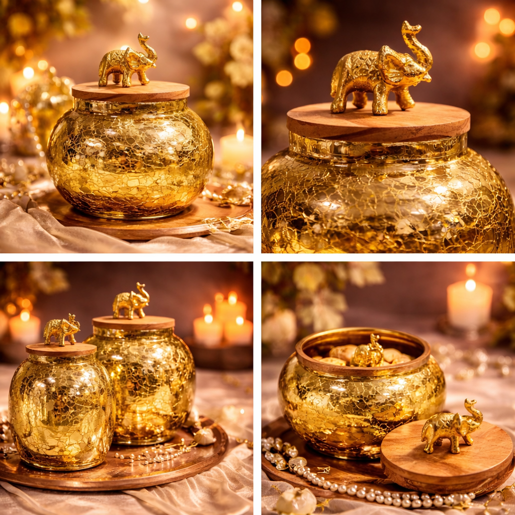 Gold Crackle Glass Decorative Jar with Wood Lid Secondary image