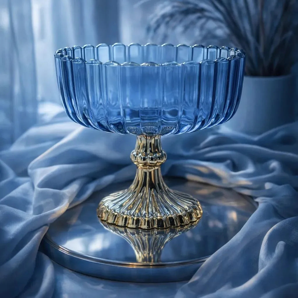 Luxury Fluted Glass Compote Bowl Lotus Jar with Gold Pedestal Stand