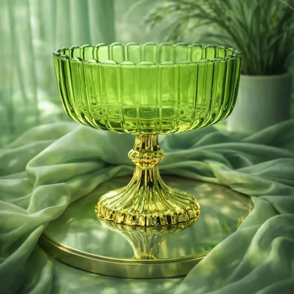 Luxury Fluted Glass Compote Bowl Lotus Jar with Gold Pedestal Stand Main image