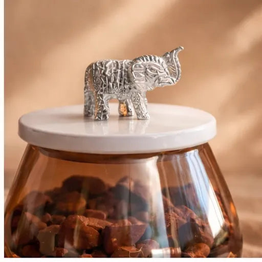 Amber Tinted Glass Storage Jar with Elephant Finial