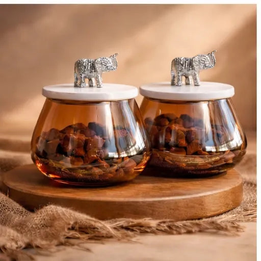 Amber Tinted Glass Storage Jar with Elephant Finial