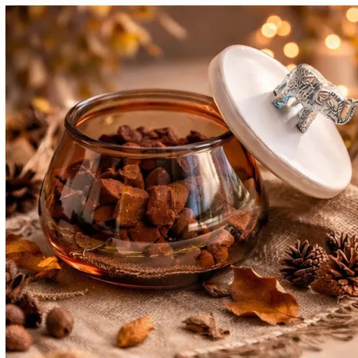 Amber Tinted Glass Storage Jar with Elephant Finial