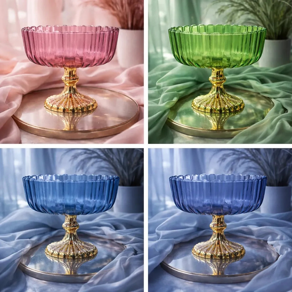 Luxury Fluted Glass Compote Bowl Lotus Jar with Gold Pedestal Stand