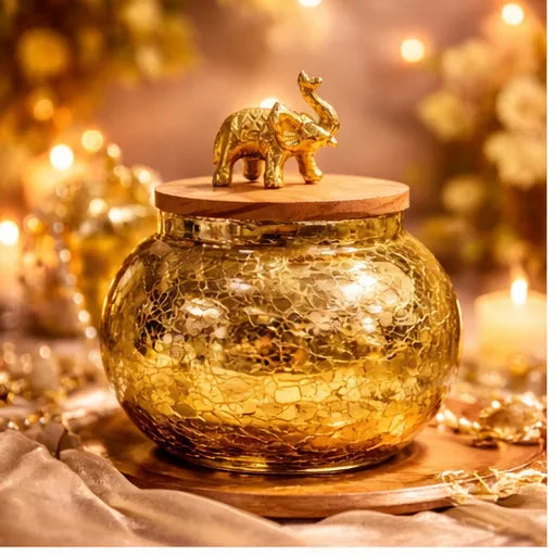 Gold Crackle Glass Decorative Jar with Wood Lid