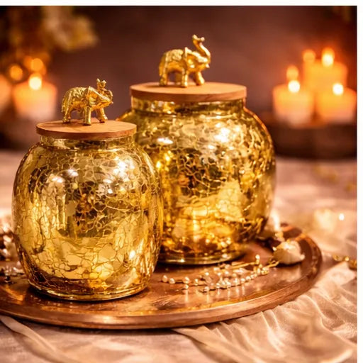 Gold Crackle Glass Decorative Jar with Wood Lid